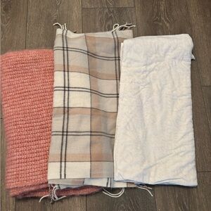 Set of Three Cozy scarfs in Pink, Plaid (Steve Madden, and White Lululemon